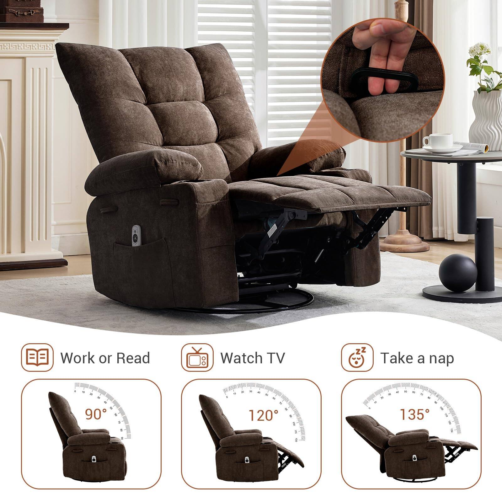 Work or Read  
90°

Watch TV  
120°

Take a nap  
135°