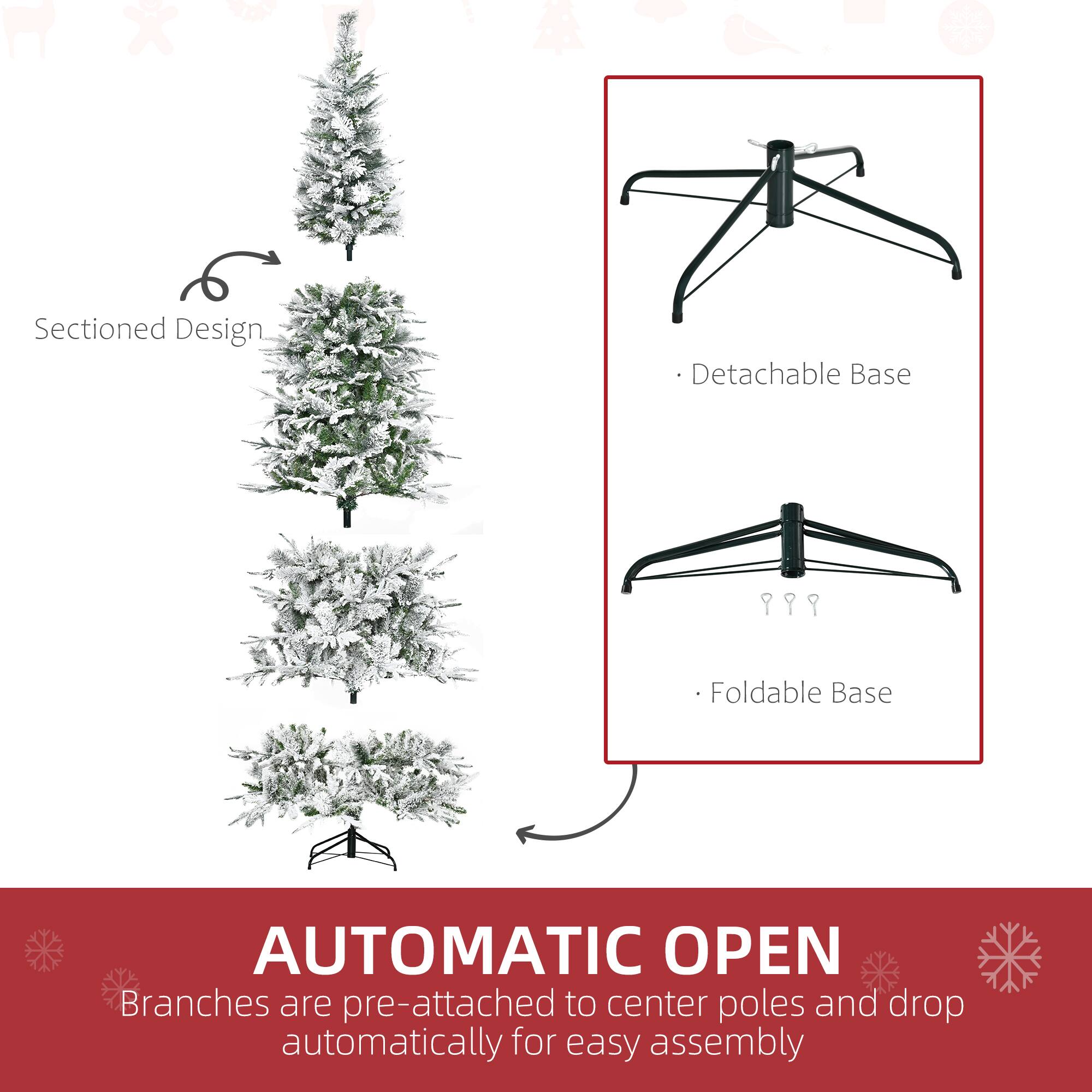 Sectioned Design  
- Detachable Base  
- Foldable Base  

AUTOMATIC OPEN  
Branches are pre-attached to center poles and drop automatically for easy assembly