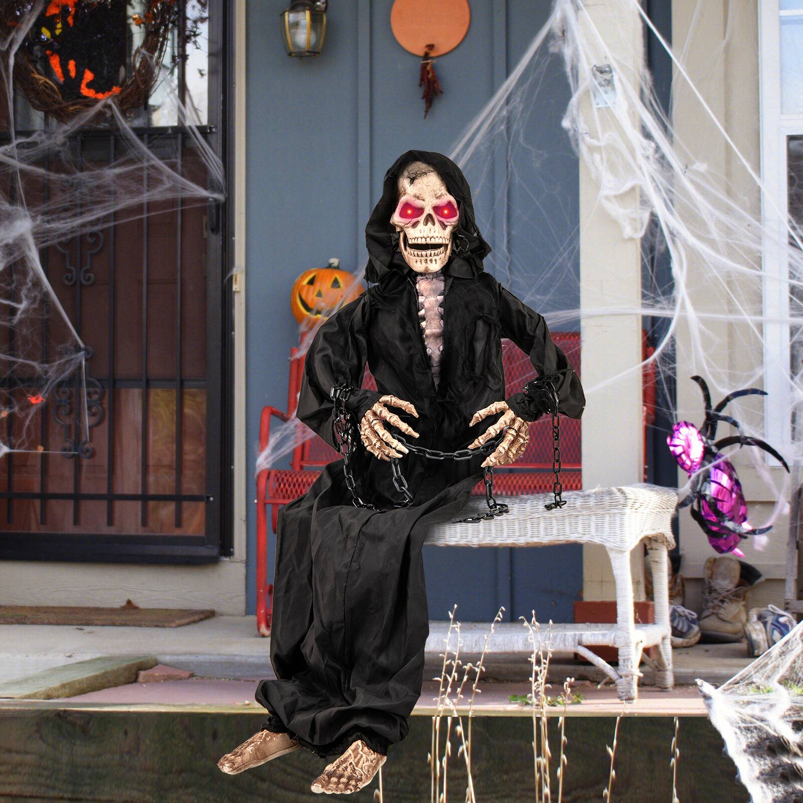 Alt View 15. Costway - 5 FT Animated Halloween Sitting Reaper Life Size Halloween Animatronic Prop - Black.