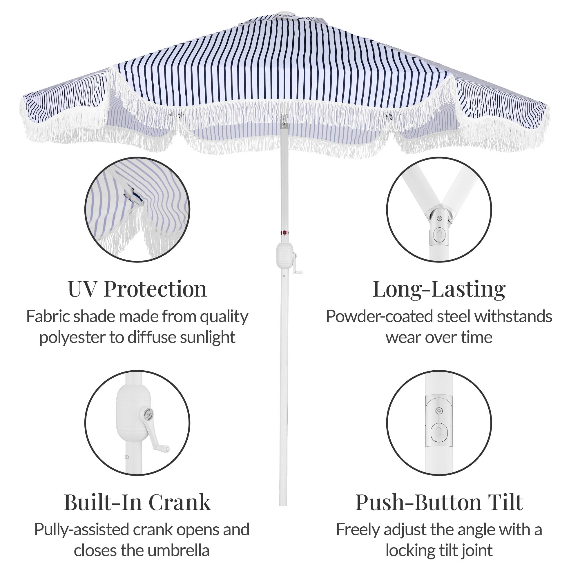 - UV Protection: Fabric shade made from quality polyester to diffuse sunlight
- Long-Lasting: Powder-coated steel withstands wear over time
- Built-In Crank: Pulley-assisted crank opens and closes the umbrella
- Push-Button Tilt: Freely adjust the angle with a locking tilt joint