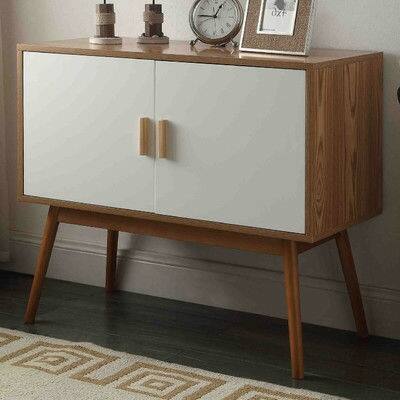 Left. SlickBlue - Mid-Century Modern Wood-Leg Console Table with Storage Cabinet - Light Walnut.