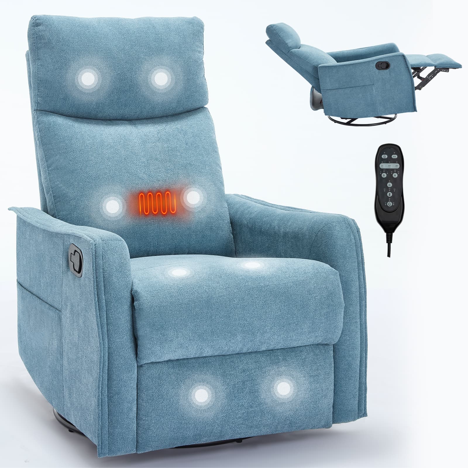 Front. Lycvki - Heat Massage Manual Swivel Rocker Recliner Chair Fabric Blue Living Room - Blue.