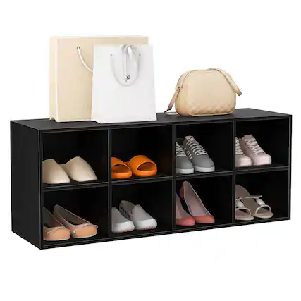 Front. Costway - Shoe Bench 8 Cubbies Shoe Organizer with 500 LBS Weight Capacity Cubby Shoe Rack Black - Black.