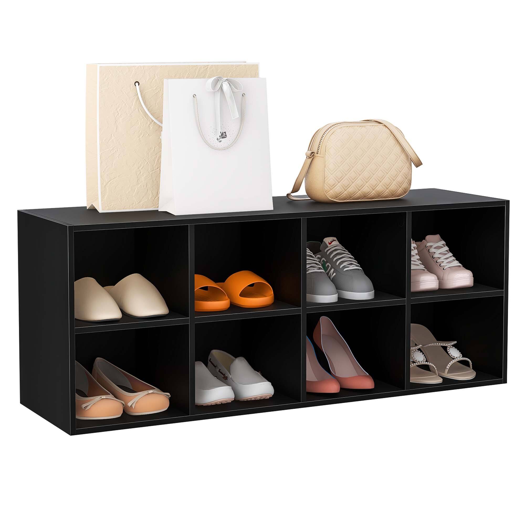 Front. Costway - Shoe Bench 8 Cubbies Shoe Organizer with 500 LBS Weight Capacity Cubby Shoe Rack Black - Black.