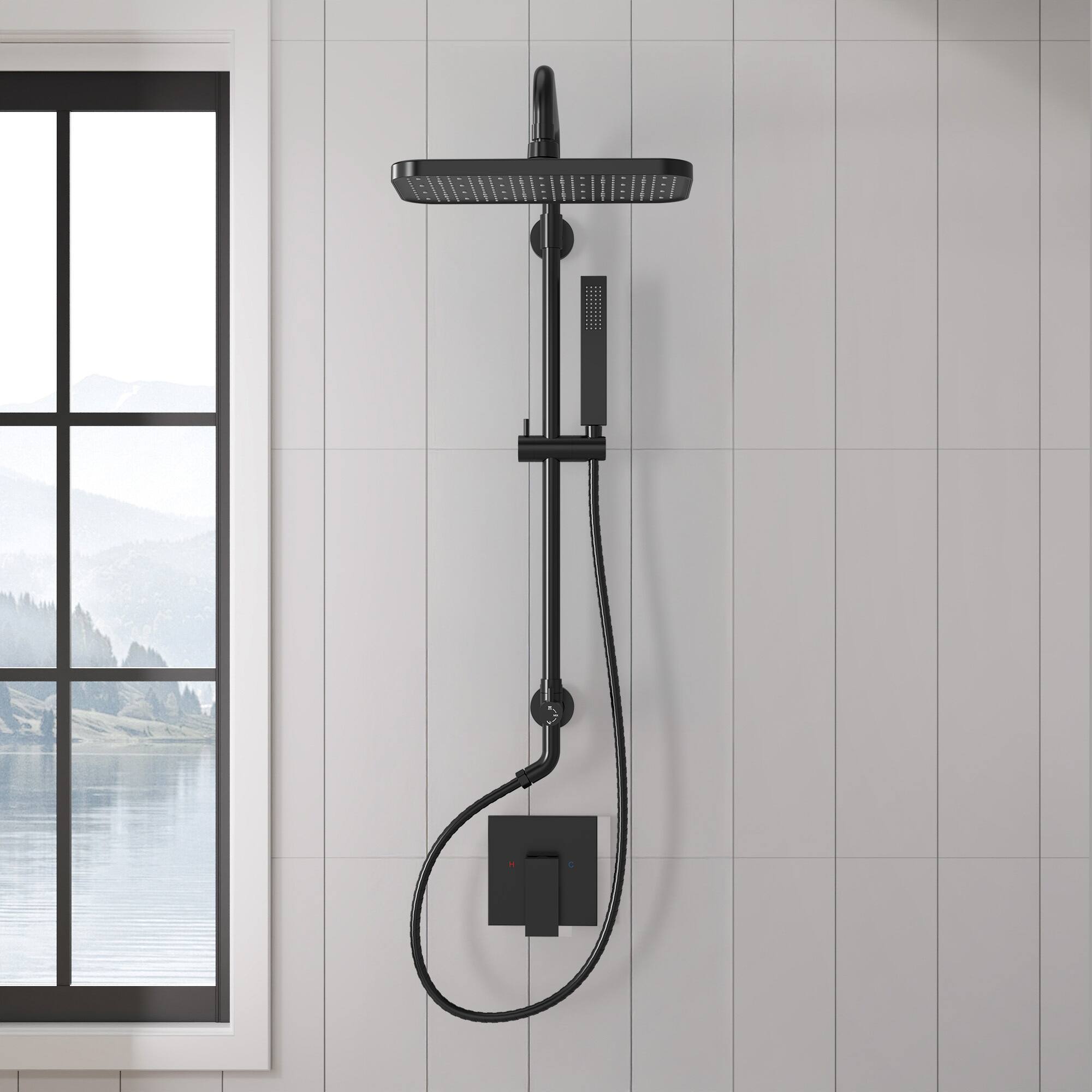 Angle. GRANDJOY - Exposed Shower System with 12-Inch Rectangular Head & 3-Function Diverter - Matte Black.