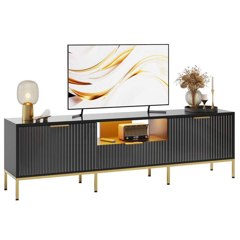 Bestier - 70" Modern High-Gloss Fluted TV Stand Media Console with Drawers, for TVs up to 75 inches - Black
