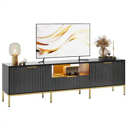 Front. Bestier - 70" Modern High-Gloss Fluted TV Stand Media Console with Drawers, for TVs up to 75 inches - Black.