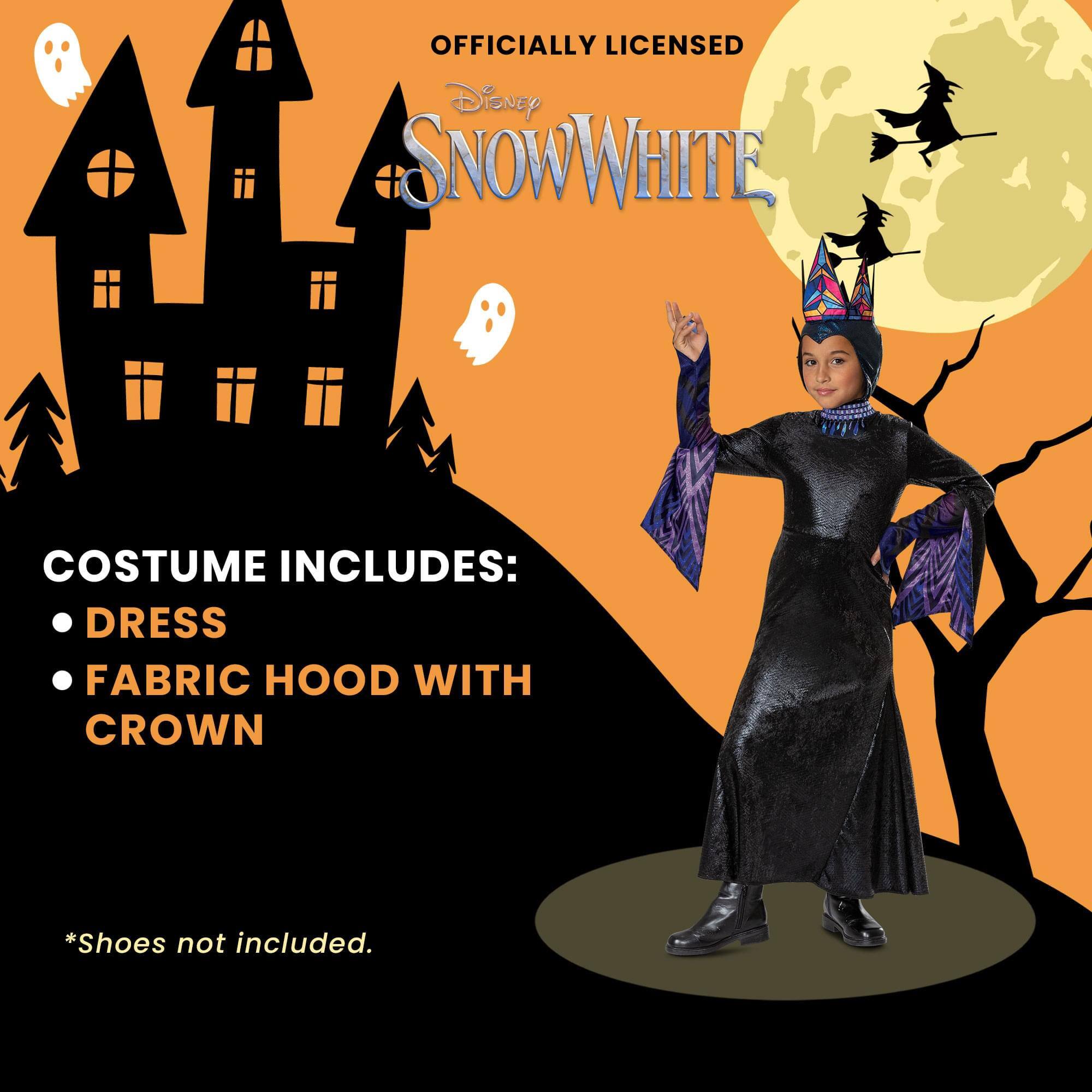 OFFICIALLY LICENSED  
Disney Snow White  

COSTUME INCLUDES:  
- DRESS  
- FABRIC HOOD WITH CROWN  

*Shoes not included.