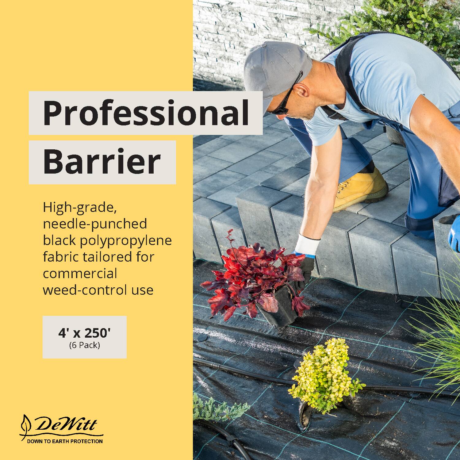 Professional Barrier

High-grade, needle-punched black polypropylene fabric tailored for commercial weed-control use

4' x 250' (6 Pack)

DeWitt  
DOWN TO EARTH PROTECTION