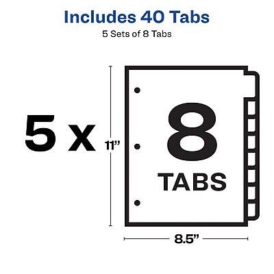 Includes 40 Tabs  
5 Sets of 8 Tabs  
5 x 11"  
8 Tabs  
8.5"