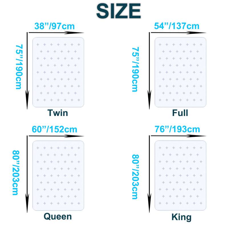 - Twin: 38"/97cm x 75"/190cm
- Full: 54"/137cm x 75"/190cm
- Queen: 60"/152cm x 80"/203cm
- King: 76"/193cm x 80"/203cm