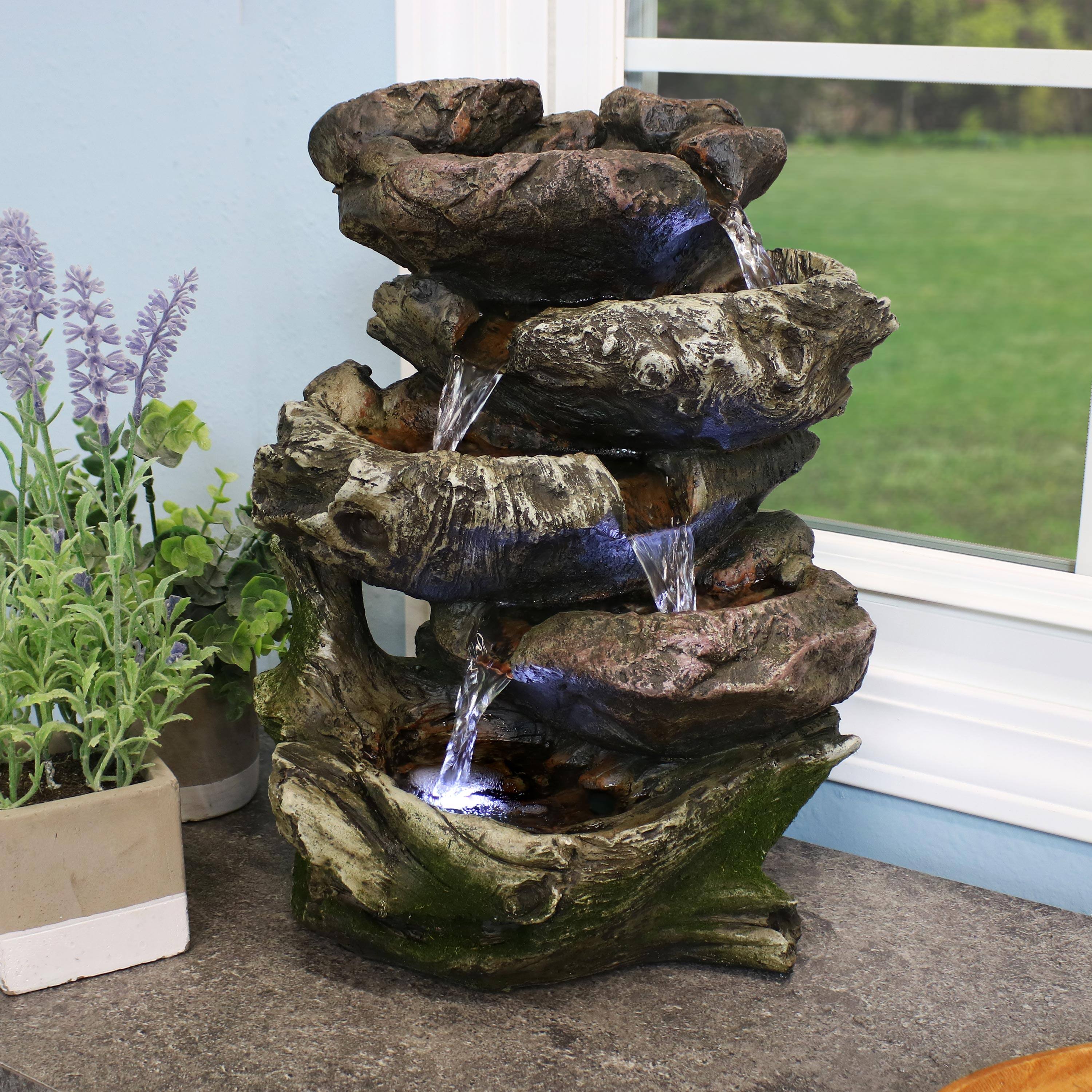 Alt View 10. Sunnydaze - Rock Falls 5-Step Indoor Water Fountain with LED Lights - 14 in - Dark Brown.