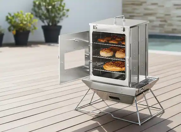 Front. Forest'nSky - Portable Foldable Camping Oven, 3-Tier Stainless Steel Grill with Thermometer, Compatible Wood Fire & Propane, Pizza - Silver.