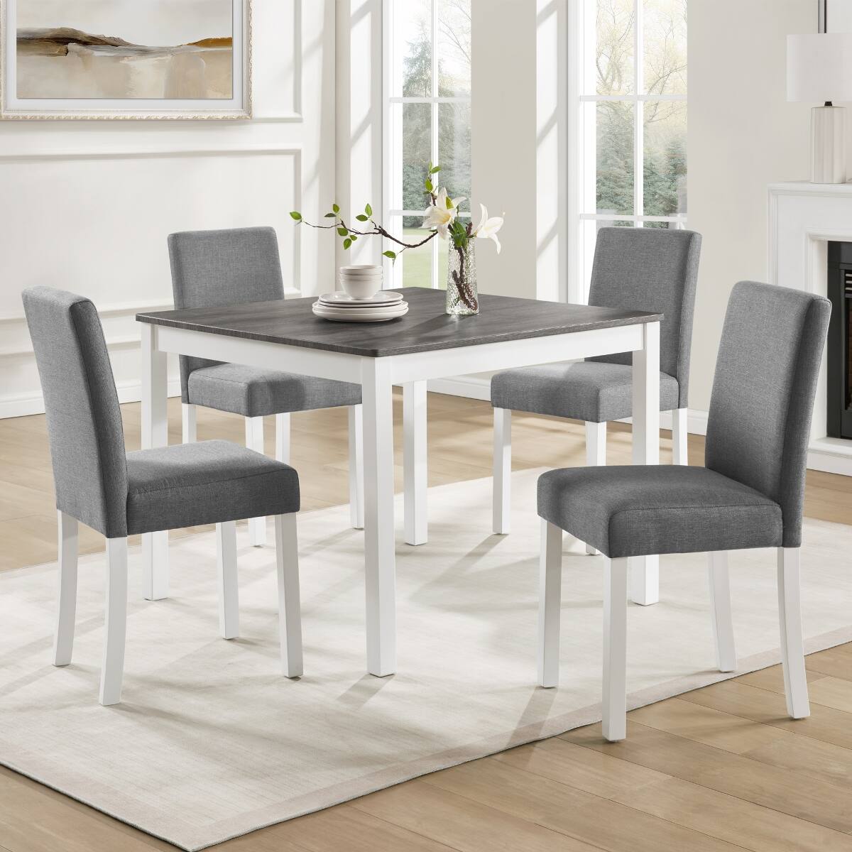 Front. Loheer - Loheer 5 Piece Dining Table Set for 4, Square Wood Table with Upholstered Chairs, Grey and White - Grey and white two tone.