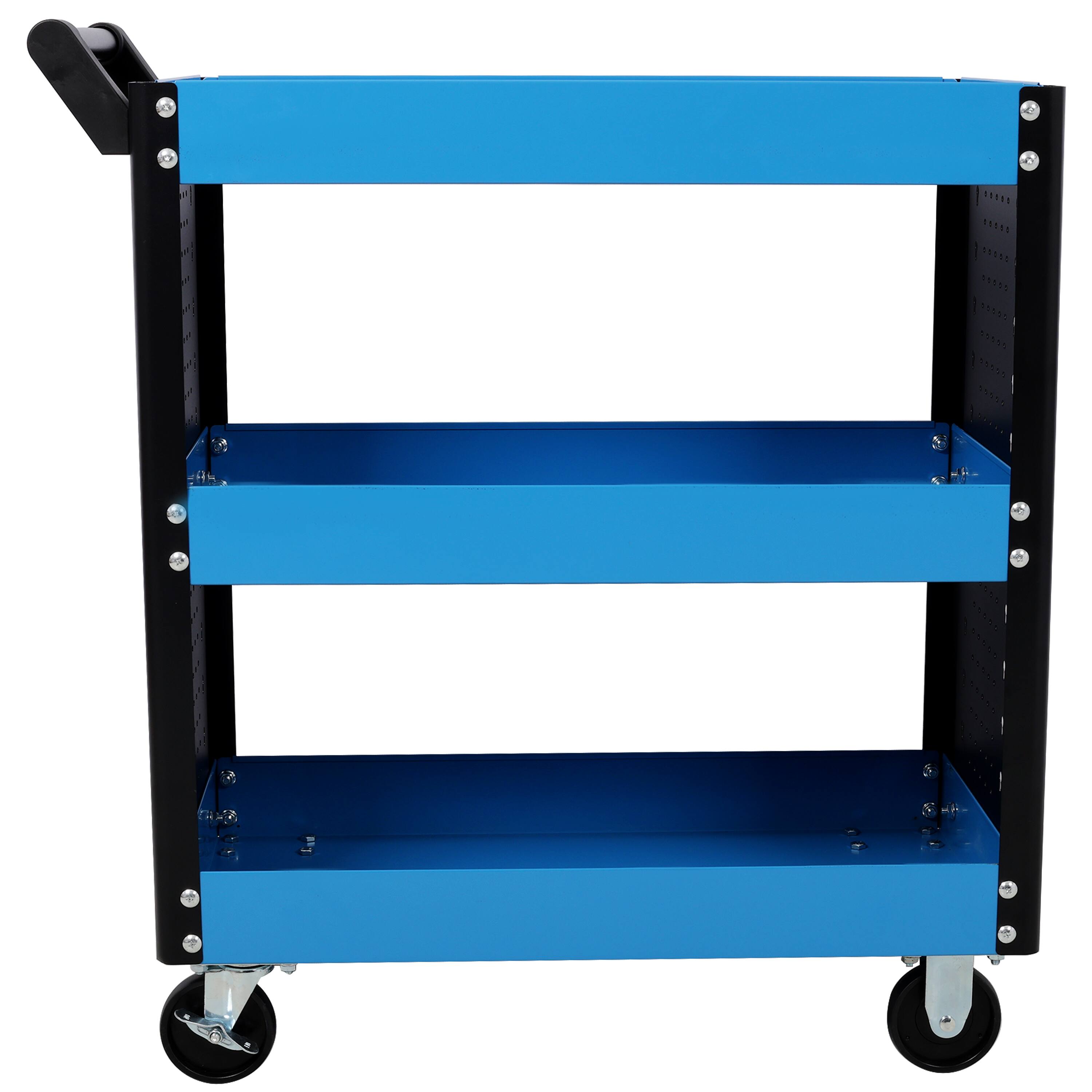 Back. ELEMENT ACE - 3-Tier Rolling Tool Cart on Wheels, Heavy Duty Utility Cart with Pegboard for Repair Shop, Garage, Warehouse - Blue.