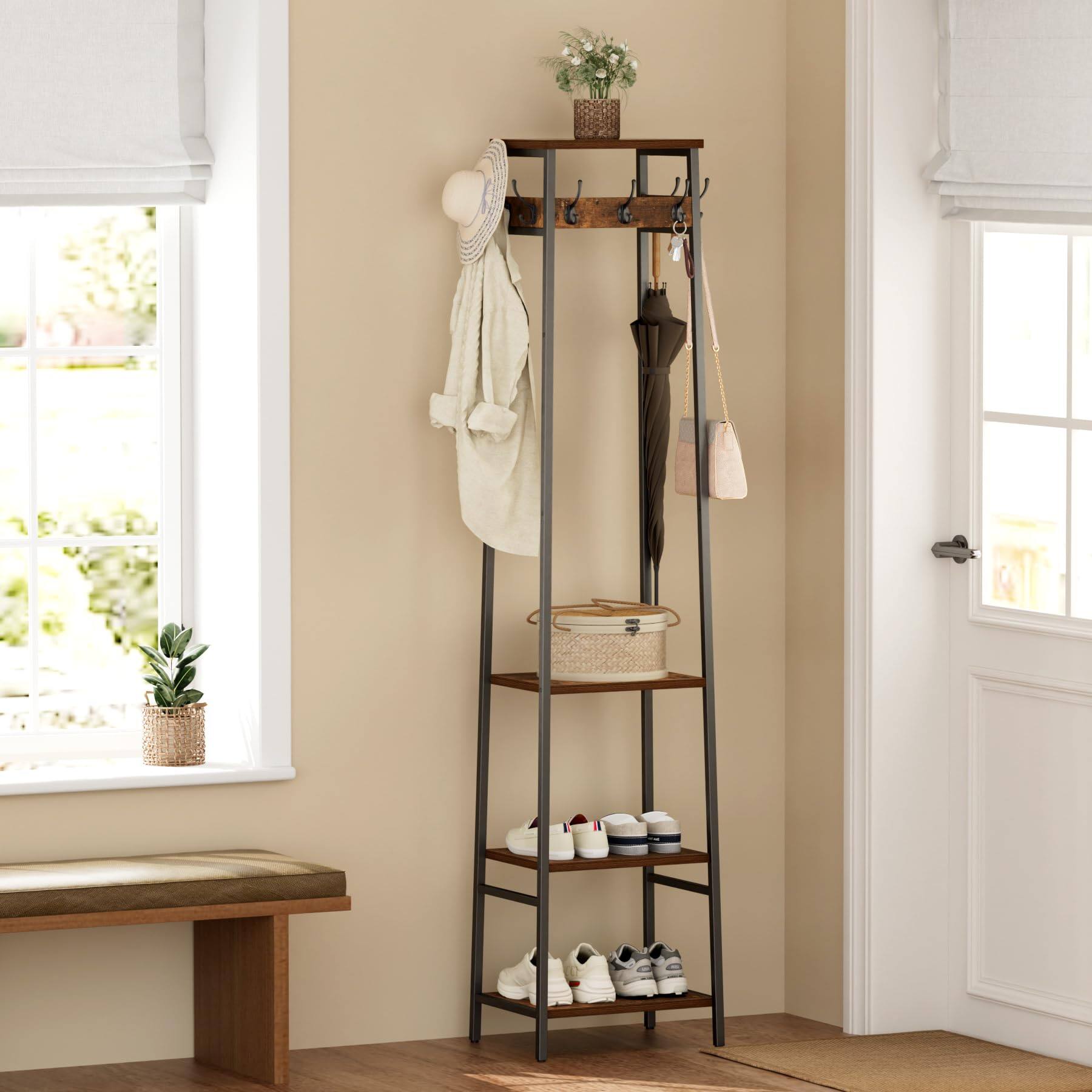 Alt View 1. HM 1810 - Coat Rack Freestanding Stand With 3 Shelves And Hall Tree Free Standing Clothes Organizer Industrial Style... - Greige and Black 3 Shelves.