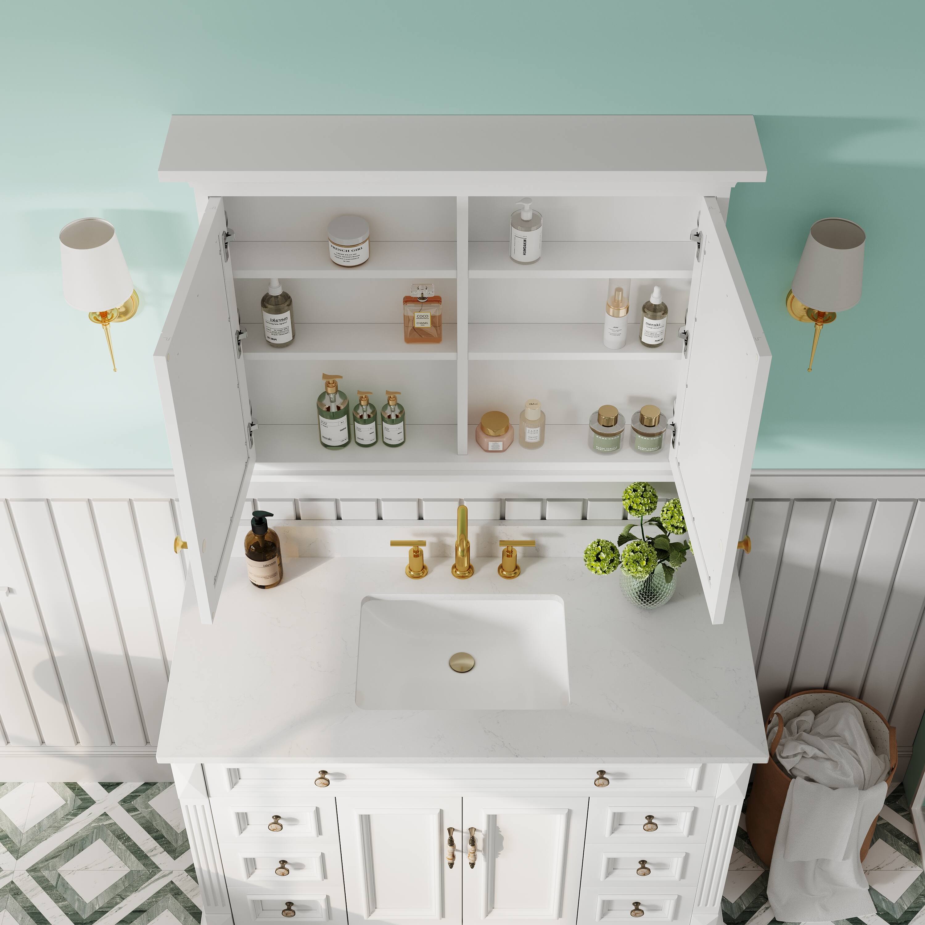 Back. WELLFOR - 40 in. W x 30 in. H Solid Wood Rectangular Surface Mount Medicine Cabinet with Mirror, Soft Close Door - White.