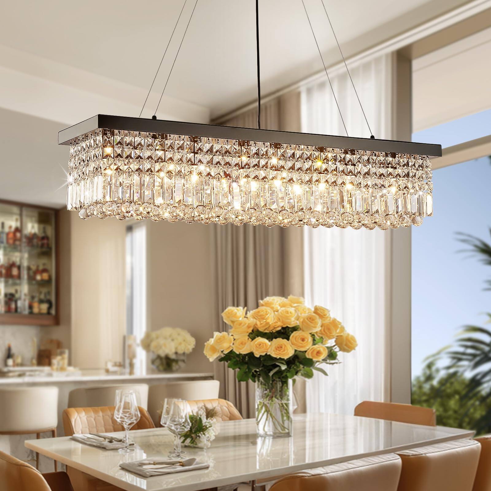 Siljoy - 39.4" 8-Light Rectangular K9 Crystal Pendant, Adjustable Kitchen Island Chandelier for Dining Entryway - Black