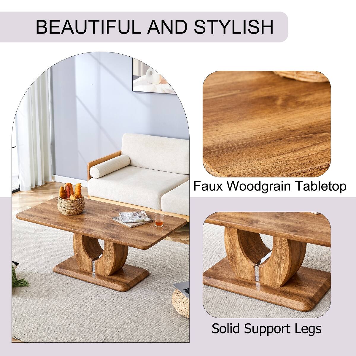 BEAUTIFUL AND STYLISH  
Faux Woodgrain Tabletop  
Solid Support Legs