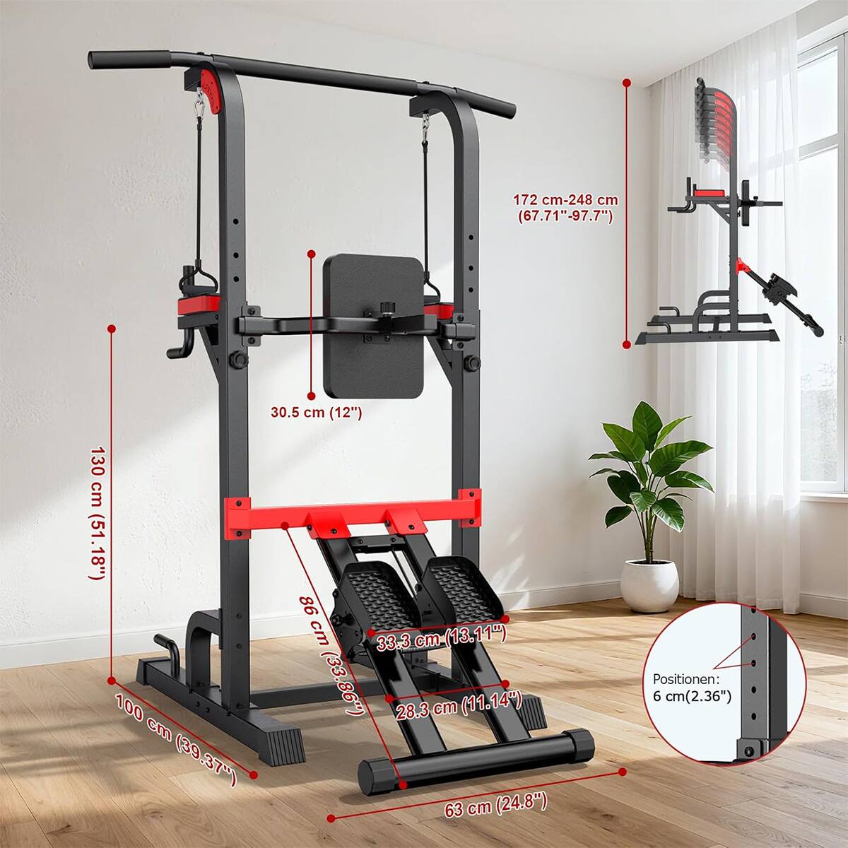 172 cm-248 cm (67.71"-97.7")  
30.5 cm (12")  
130 cm (51.18")  
100 cm (39.37")  
86 cm (33.86")  
33.3 cm (13.11")  
28.3 cm (11.14")  
63 cm (24.8")  
Positionen: 6 cm (2.36")
