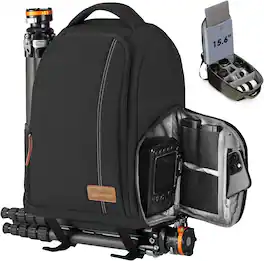 TARION - 15L Camera Backpacks Waterproof Camera Bag with 15.6" Laptop Compartment & Side Access Tripod Holder - Black