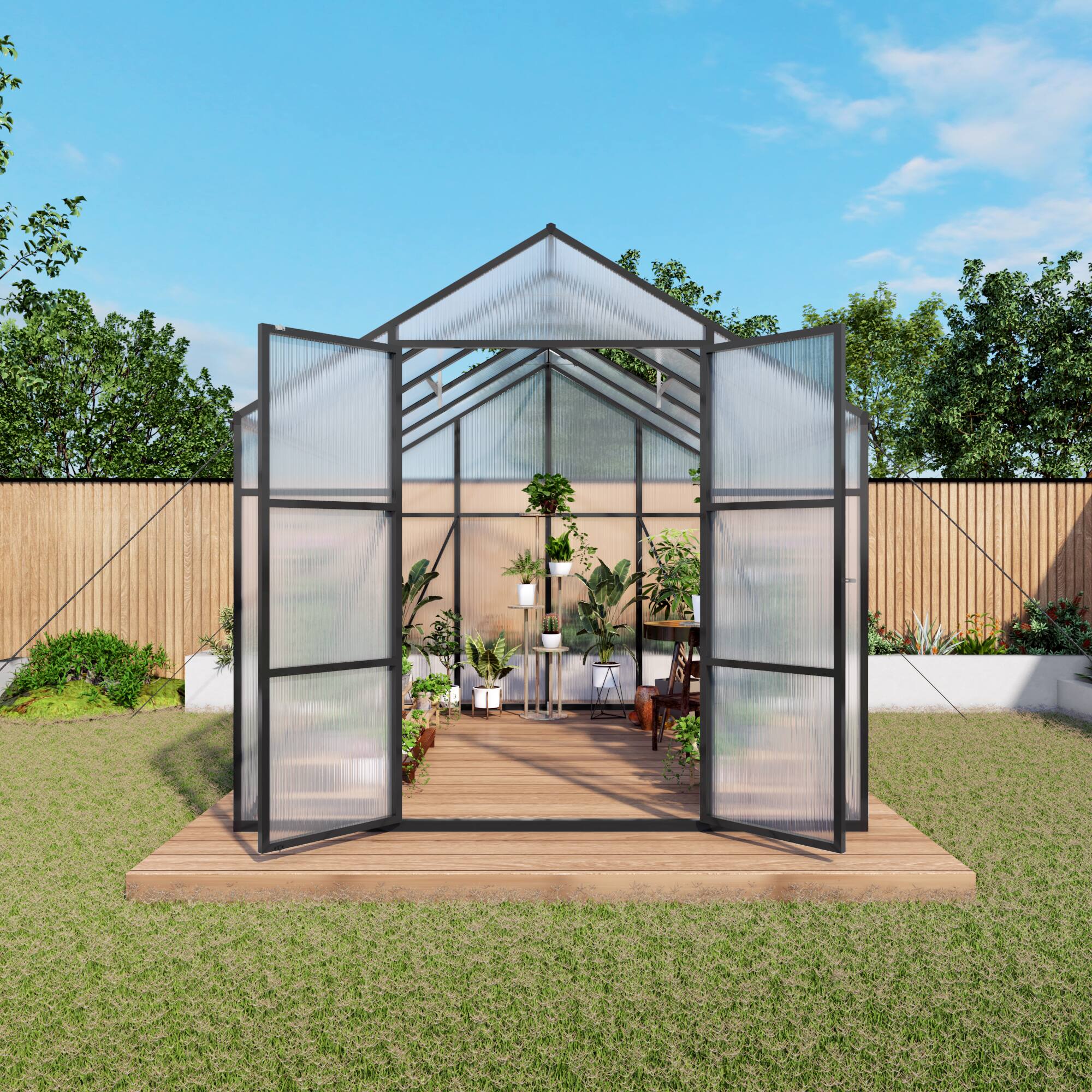 Angle. Mondawe - 8x10 FT Polycarbonate Greenhouse With Aluminum Frame and Adjustable Roof Vents - Black.