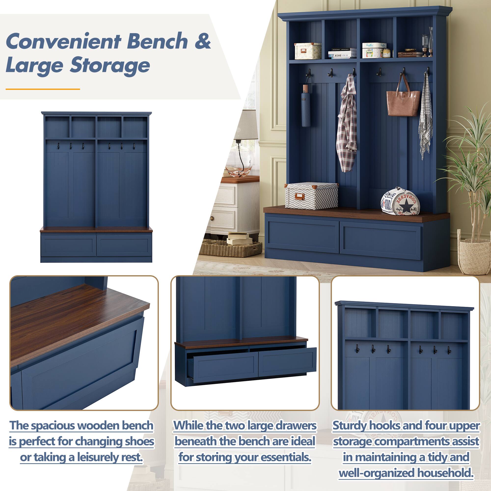 Convenient Bench & Large Storage

The spacious wooden bench is perfect for changing shoes or taking a leisurely rest. While the two large drawers beneath the bench are ideal for storing your essentials. Sturdy hooks and four upper storage compartments assist in maintaining a tidy and well-organized household.