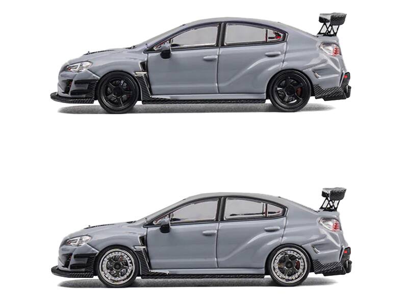 Angle. CM Models - Subaru VAB WRX STI S4 Gray with Red Interior with Extra Wheels 1/64 Diecast Model Car by CM Model - Gray and Red.