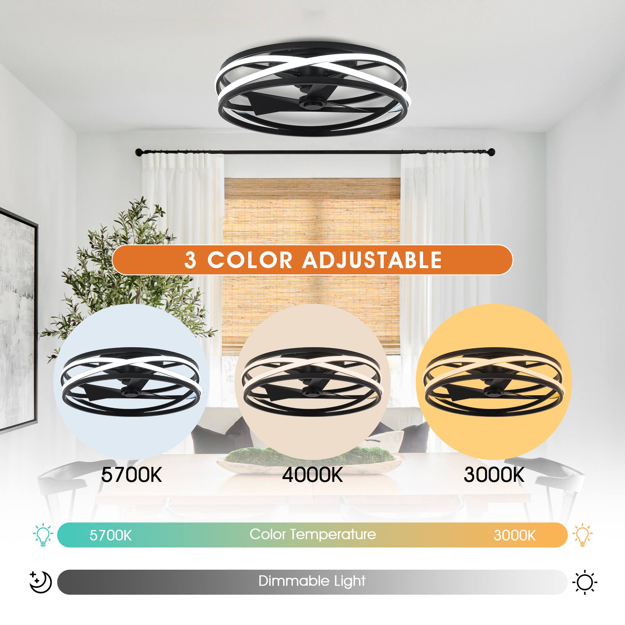 3 COLOR ADJUSTABLE

5700K 4000K 3000K

Color Temperature

Dimmable Light