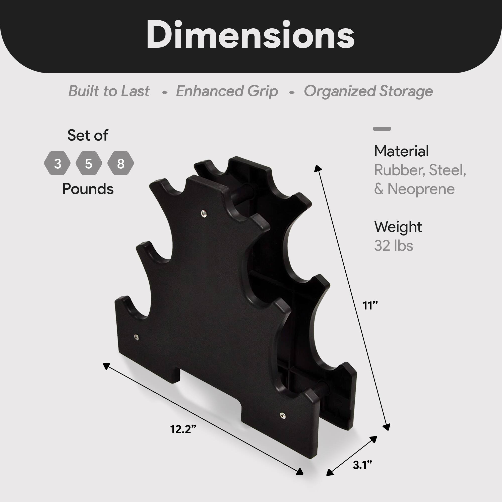 Dimensions  
Built to Last - Enhanced Grip - Organized Storage  

Set of 3, 5, 8 Pounds  

Material: Rubber, Steel, & Neoprene  

Weight: 32 lbs  

Dimensions:  
- 11"  
- 12.2"  
- 3.1"