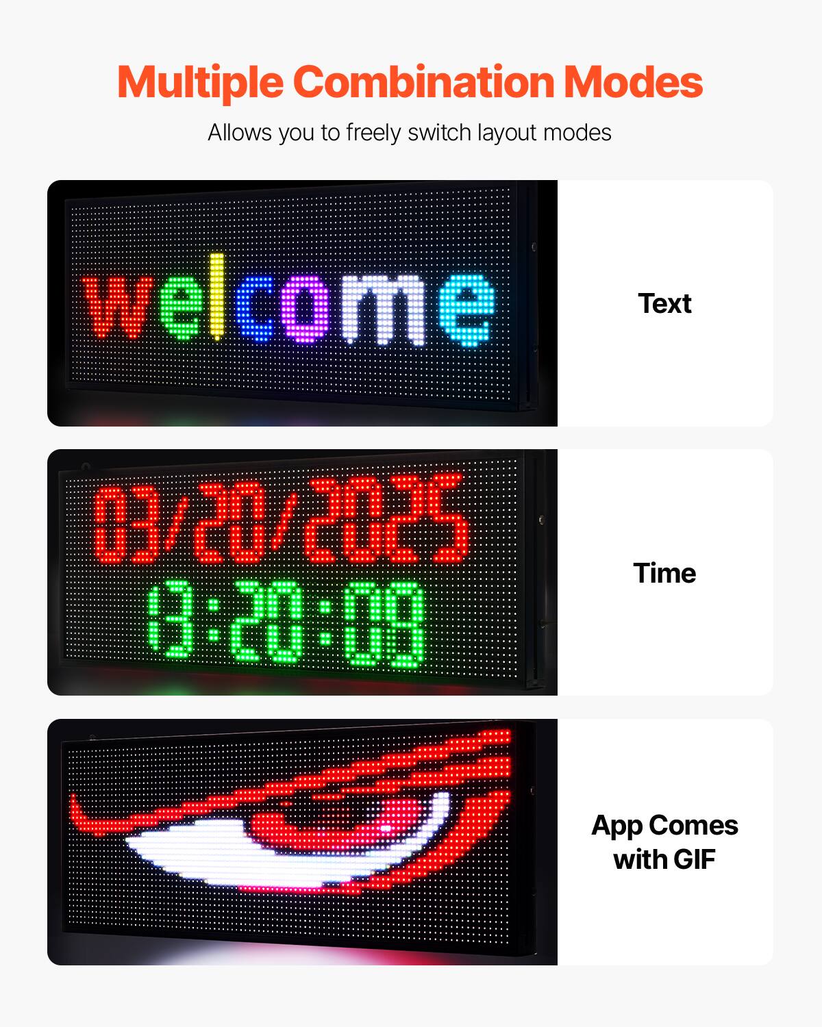 Multiple Combination Modes  
Allows you to freely switch layout modes  

welcome  
Text  

03/20/2025  
13:20:08  
Time  

App Comes with GIF