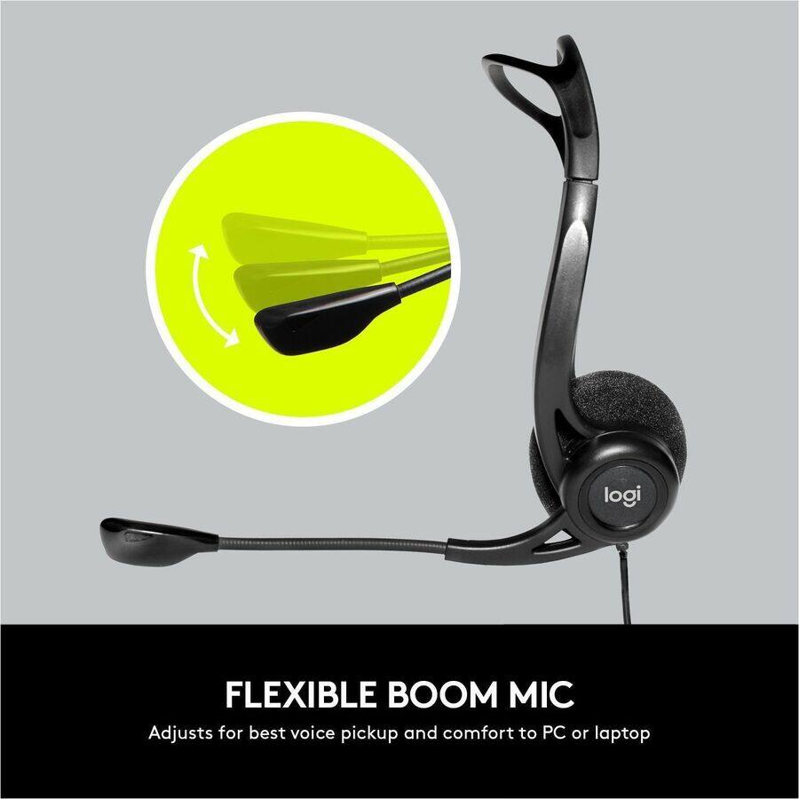 logi FLEXIBLE BOOM MIC Adjusts for best voice pickup and comfort to PC or laptop