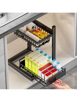 GARVEE - Home Kitchen Carbon Steel Kitchen Sink Rack, Multifunctional Spice Storage Rack, Pull-Out Cabinet Spice Rack - Black