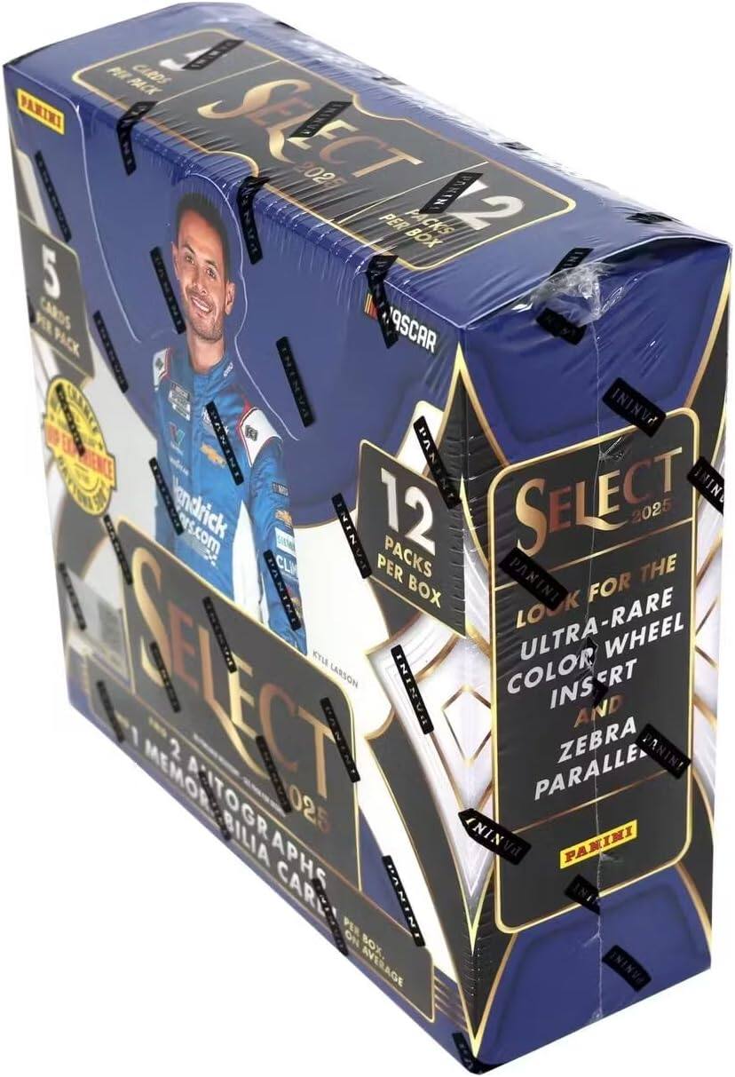 PANINI SELECT 2025  
5 CARDS PER PACK  
12 PACKS PER BOX  
LOOK FOR THE ULTRA-RARE COLOR WHEEL INSERT AND ZEBRA PARALLEL  
PANINI  
NASCAR  
KYLE LARSON  
PANINI