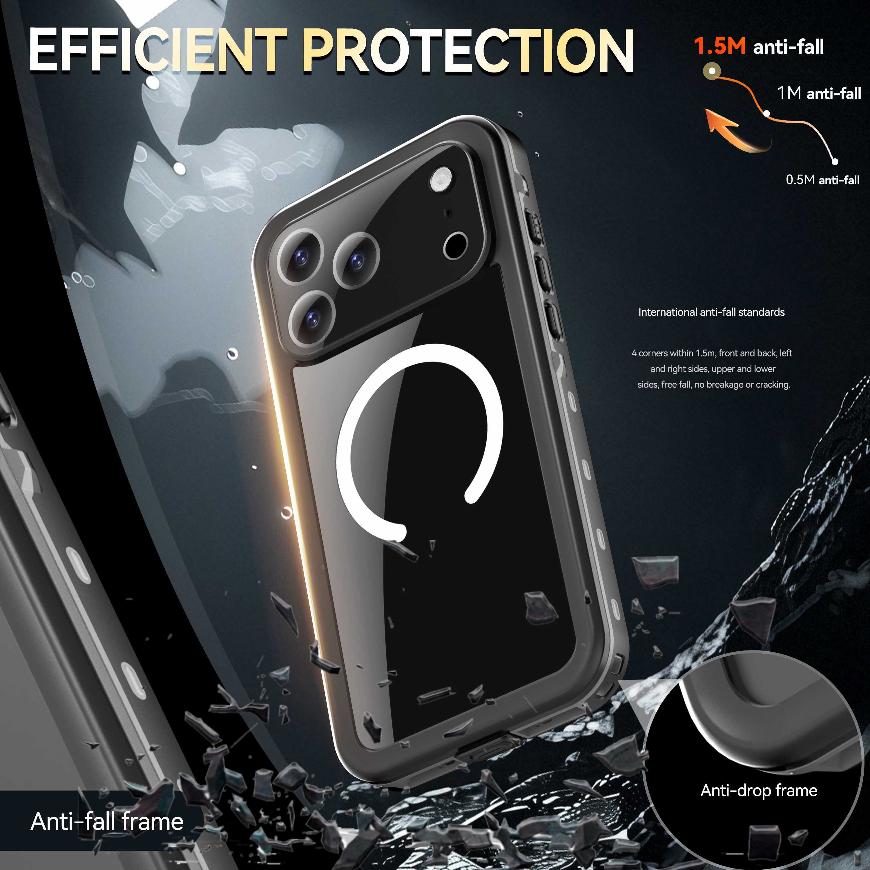 EFFICIENT PROTECTION

1.5M anti-fall  
1M anti-fall  
0.5M anti-fall  

International anti-fall standards  

4 corners within 1.5m, front and back, left and right sides, upper and lower sides, free fall, no breakage or cracking  

Anti-fall frame  
Anti-drop frame