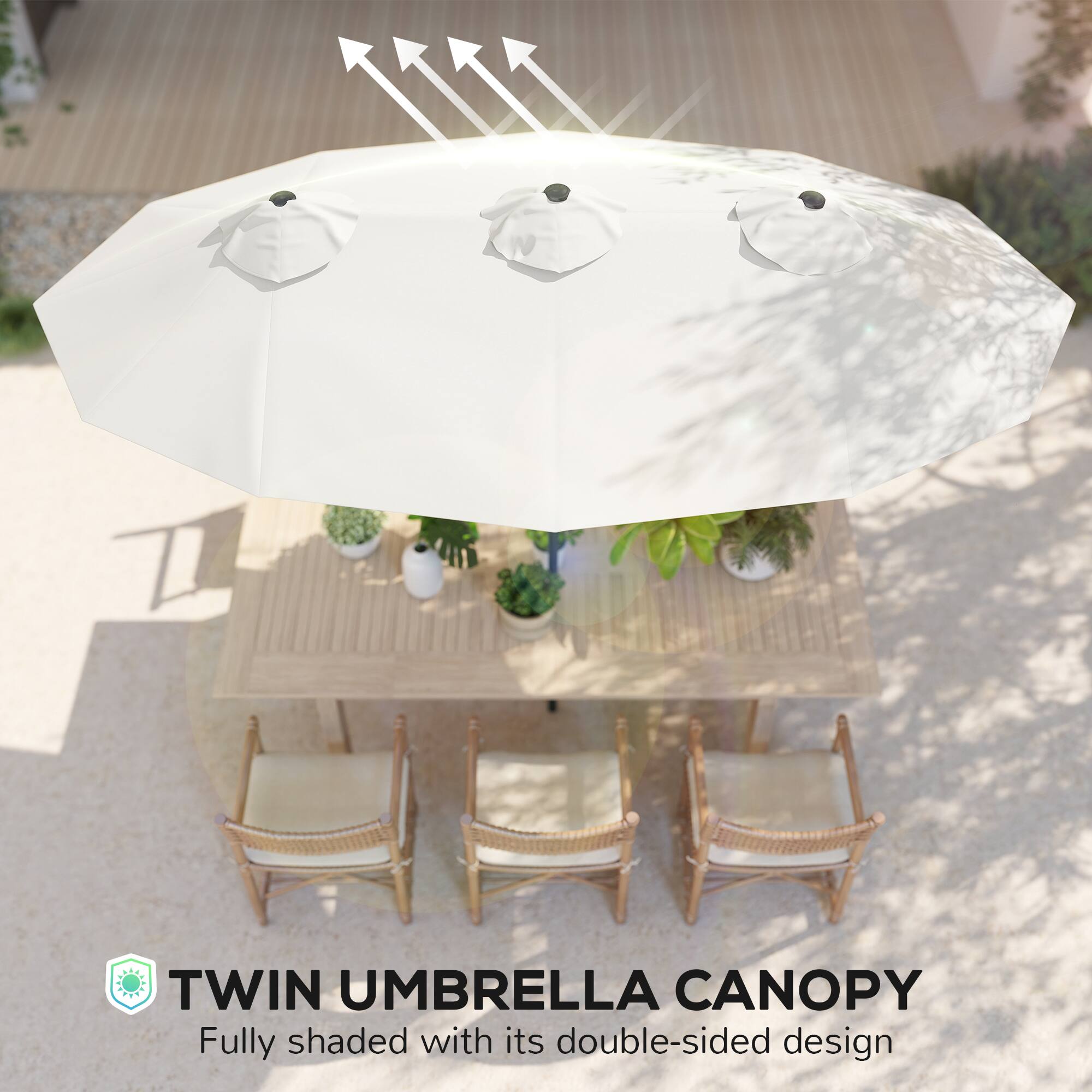 TWIN UMBRELLA CANOPY  
Fully shaded with its double-sided design