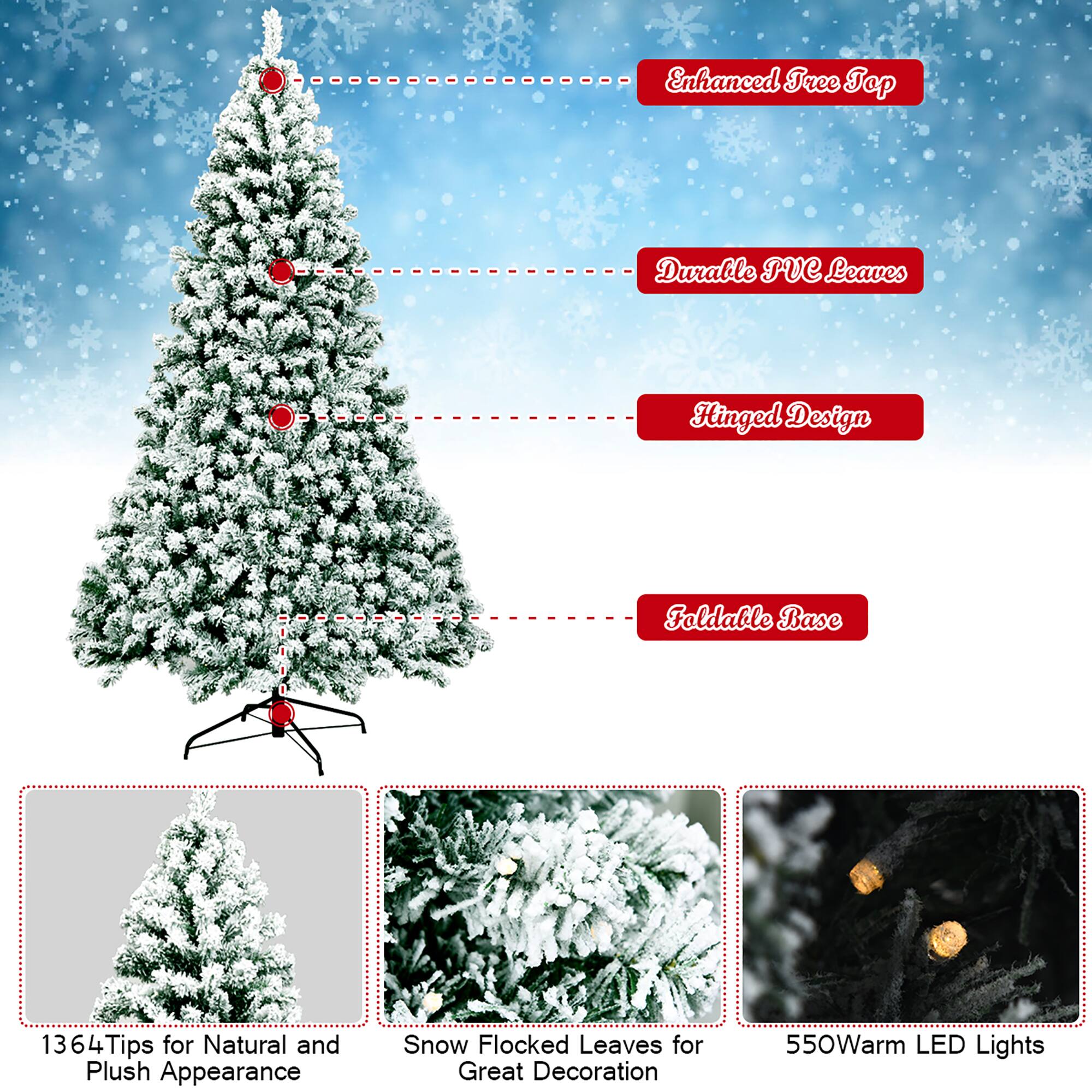 The text on the image is grouped as follows:

1. Enhanced Tree Top Durable PvC Leaves Hinged Design ! Foldable Base
2. 1364 Tips 4 for Natural and Plush Appearance
3. Snow Flocked Leaves for Great Decoration
4. 550Warm LED Lights