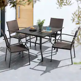 Nuu Garden - 5PCS Outdoor Dining Set, 4 Wicker Chairs and Iron Table with Umbrella Hole - Black