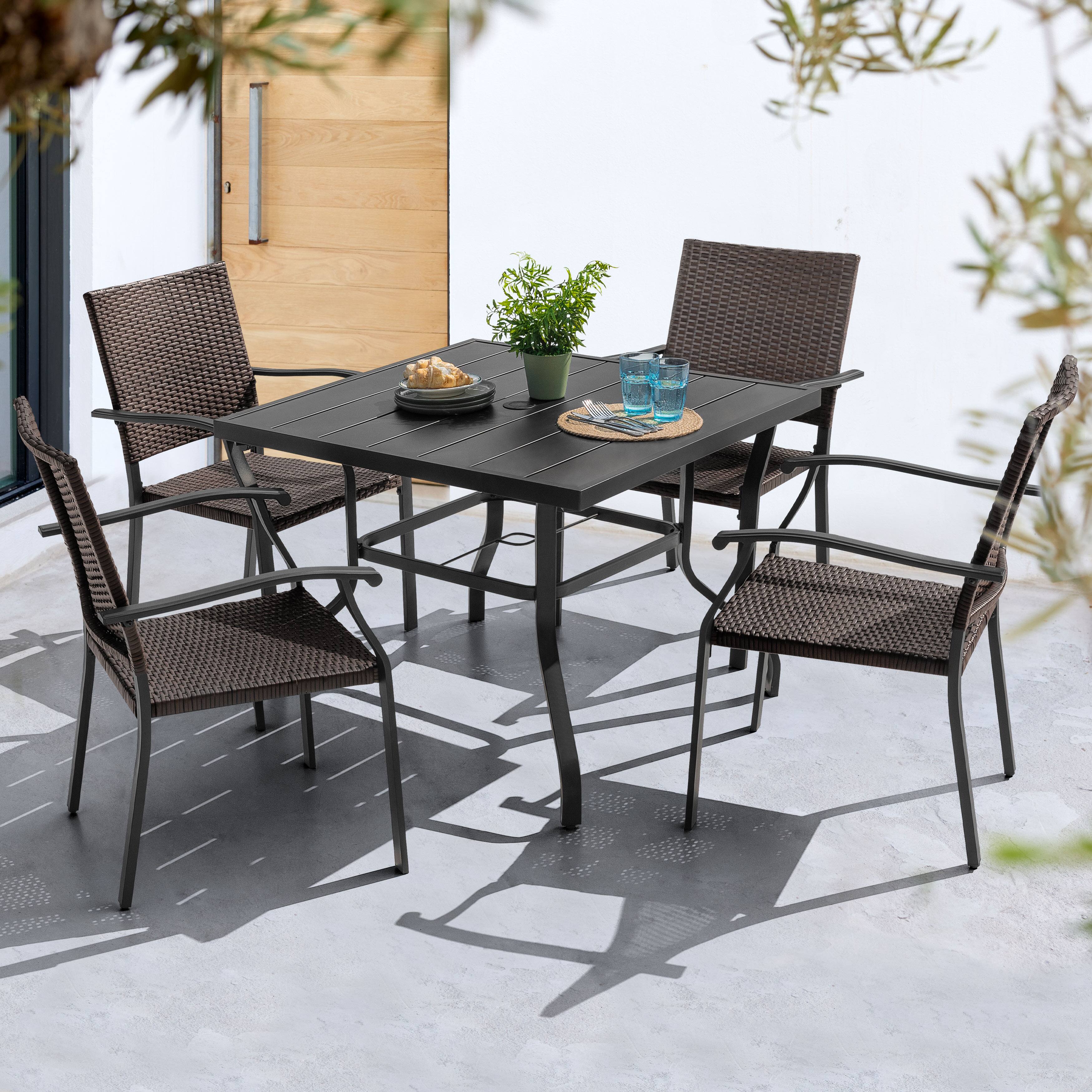 Front. Nuu Garden - 5PCS Outdoor Dining Set, 4 Wicker Chairs and Iron Table with Umbrella Hole - Black.