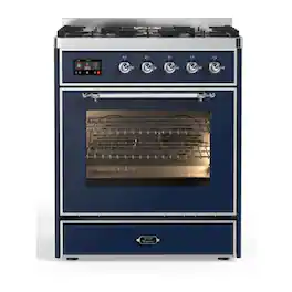 ILVE - Majestic II Series 30 in. Dual Fuel Range with 5 Sealed Burners (Natural Gas, Chrome Trim) - Midnight Blue