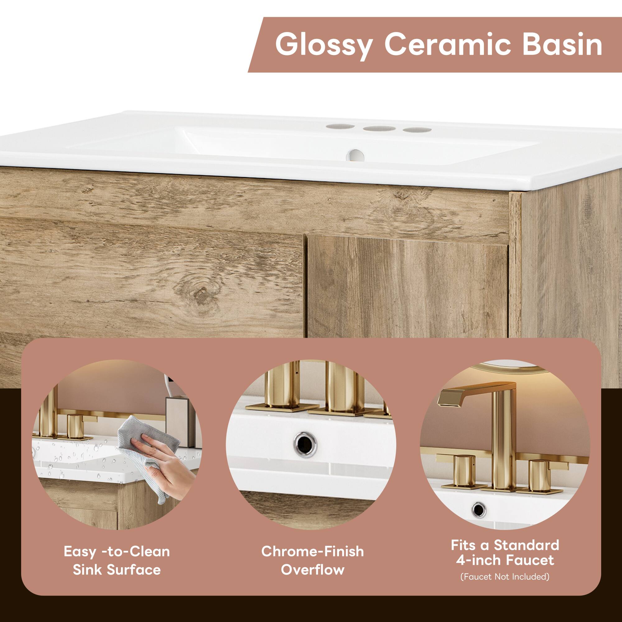 Glossy Ceramic Basin

- Easy-to-Clean Sink Surface
- Chrome-Finish Overflow
- Fits a Standard 4-inch Faucet (Faucet Not Included)