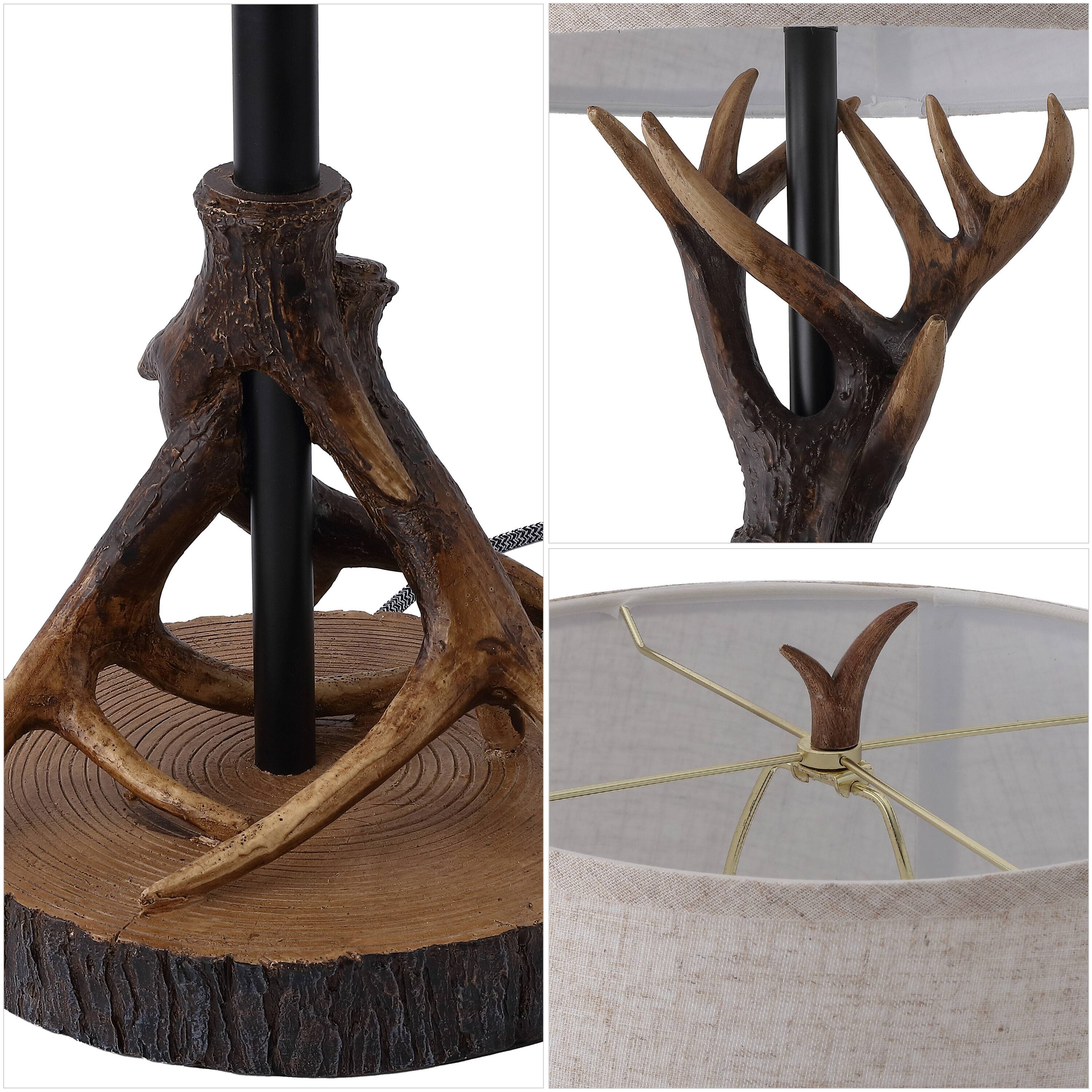 Alt View 4. Jonathan Y - Benjamin 61" Rustic Farmhouse Metal and Resin Antler Floor Lamp with Beige Linen Shade and Wood-Slice Base, Brown/Black - Brown/Black.