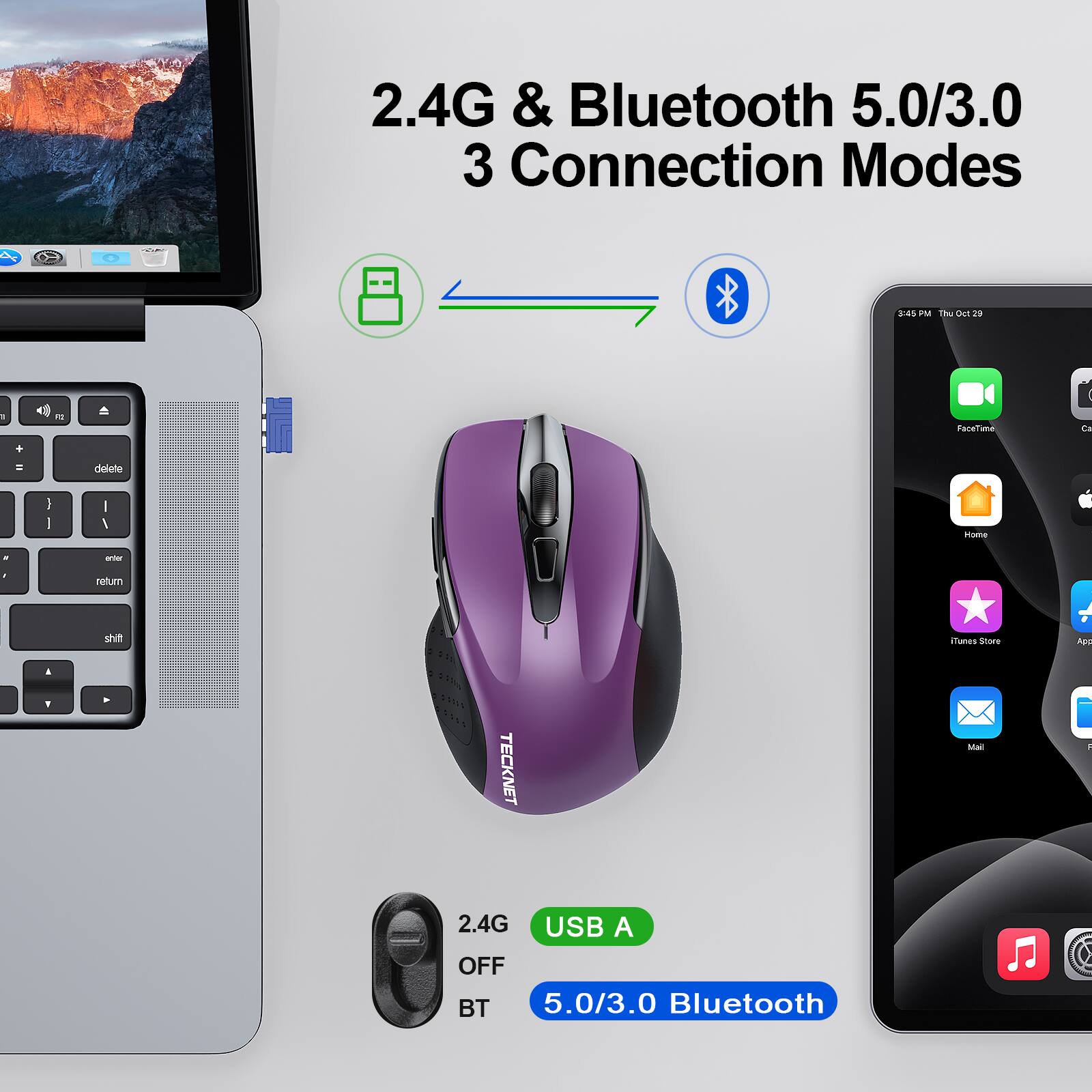 2.4G & Bluetooth 5.0/3.0 3 Connection Modes

2.4G USB A OFF BT 5.0/3.0 Bluetooth