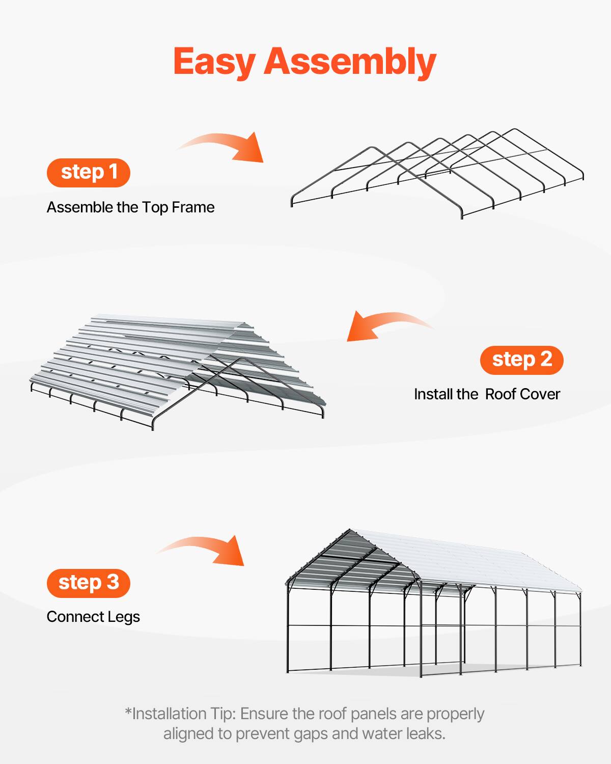 Easy Assembly

step 1  
Assemble the Top Frame

step 2  
Install the Roof Cover

step 3  
Connect Legs

*Installation Tip: Ensure the roof panels are properly aligned to prevent gaps and water leaks.