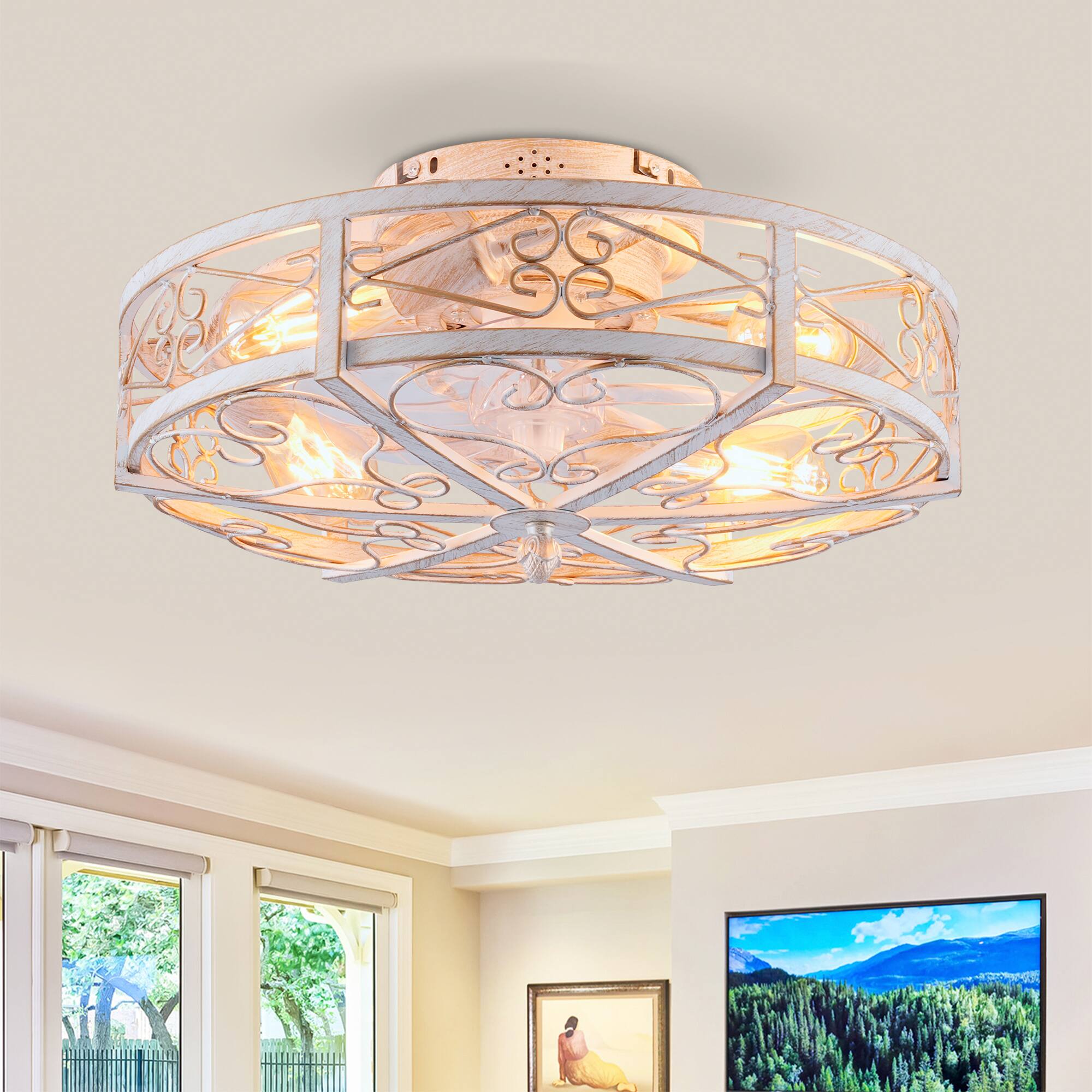 Angle. GOODSILO - 20" Caged Ceiling Fan with Light & Remote, 6-Speed, Reversible, Timer (Bulbs Not Included) - Retro White.