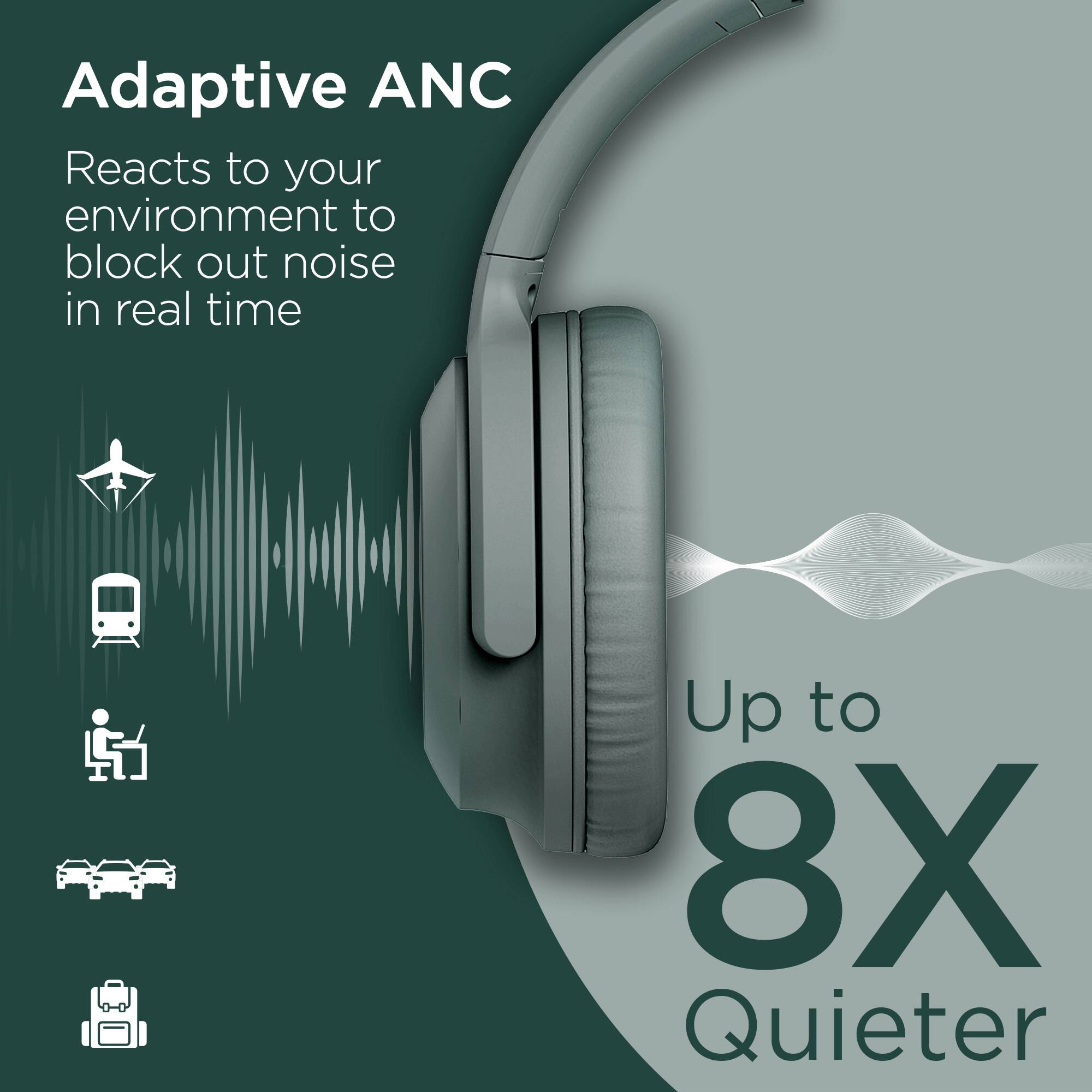 Adaptive ANC  
Reacts to your environment to block out noise in real time  

Up to 8X Quieter