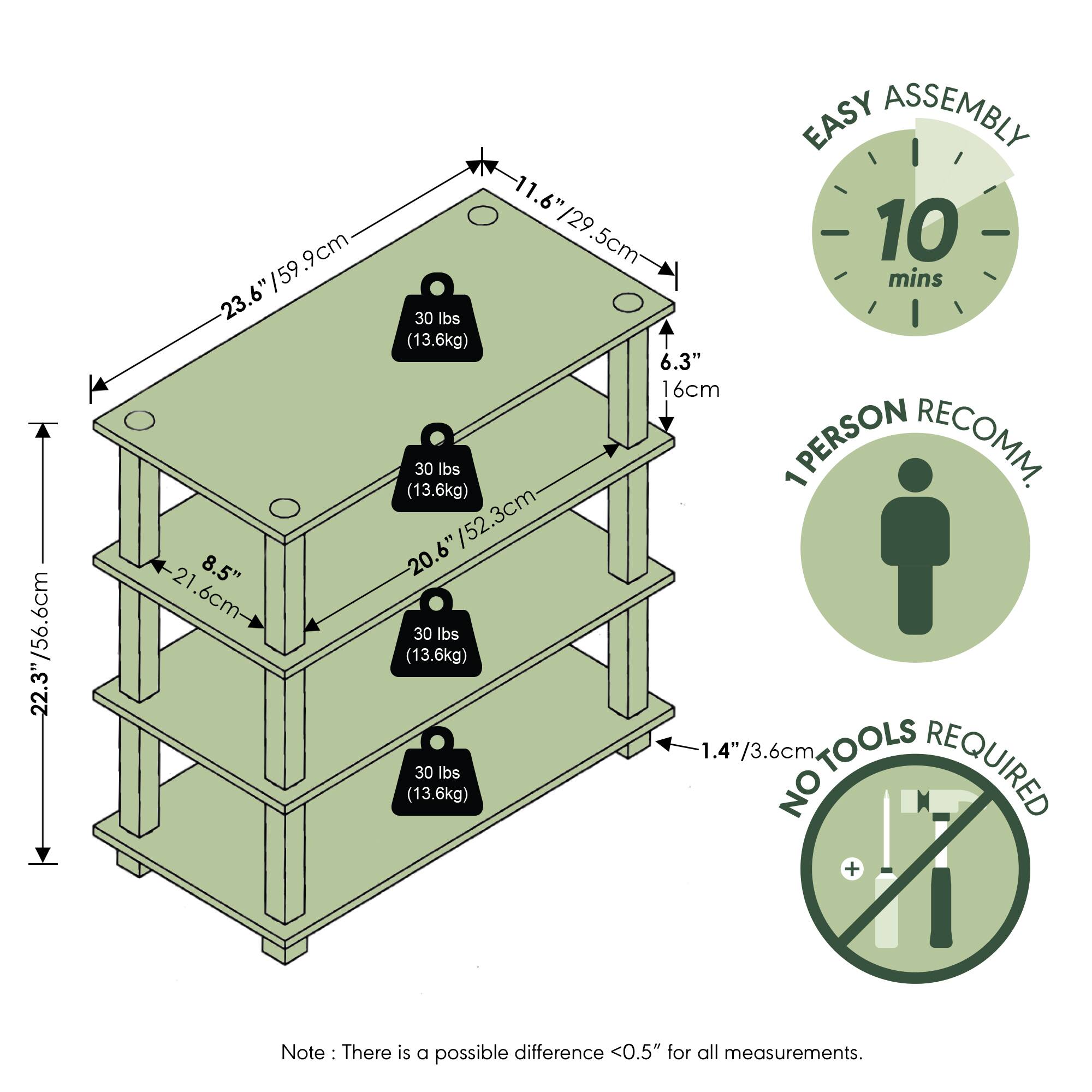 -22.3" 22.3"/56.6cm  
EASY ASSEMBLY 11.6" 11.6"/29.5cm  
10.9cm  
23.6"/59.9cm 23.6"  
30 lbs mins (13.6kg)  
6.3" 6cm  
30 lbs PERSON RECOMM. (13.6kg)  
8.5" 20.6"/52.3cm  
30 lbs (13.6kg)  
1.4" .4"/3.6cm  
TOOLS REQUIRED (13.6kg)  
NO  
Note: There is a possible difference <0.5" for all measurements.