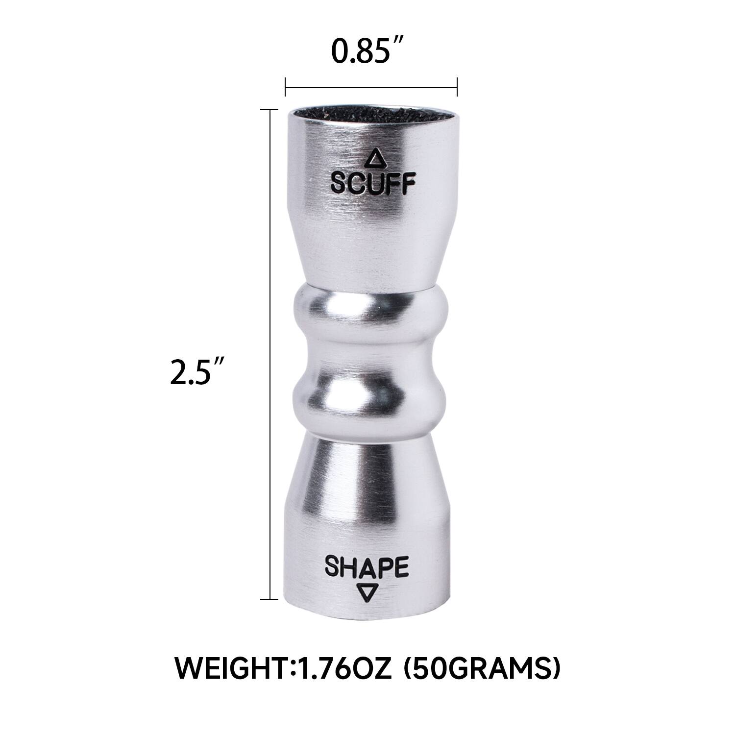 0.85" SCUFF
2.5" SHAPE
WEIGHT:1.76OZ (50GRAMS)
