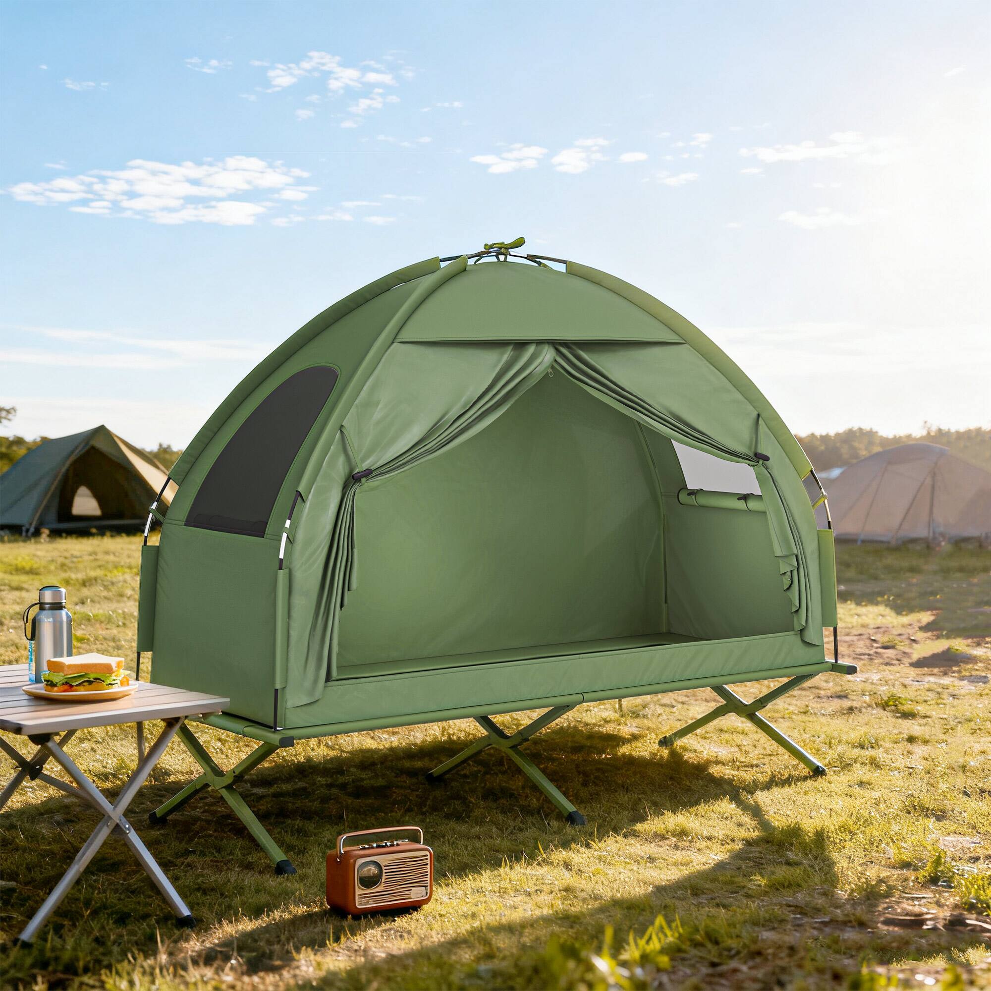 Alt View 8. Outsunny - Camping Tent Cot, Single Person Folding Cot Combo, Off-Ground Tent, Covered Outdoor Bed with Carry Bag - Green.