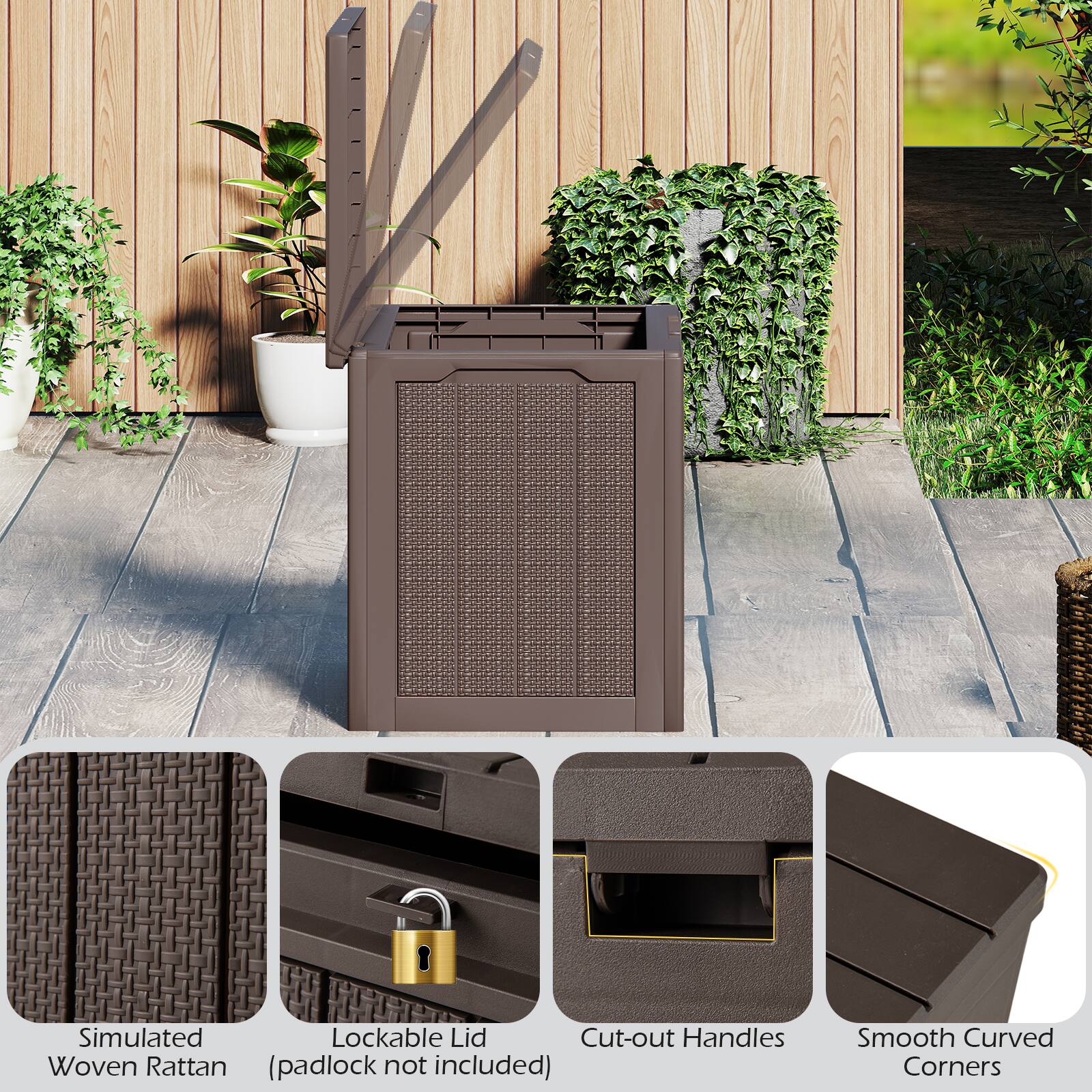 - Simulated Woven Rattan
- Lockable Lid (padlock not included)
- Cut-out Handles
- Smooth Curved Corners